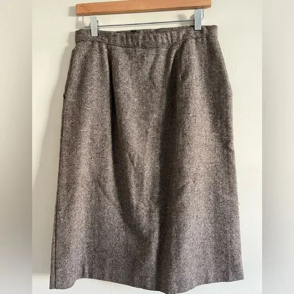 Vintage 60's 70's tweed brown A line wool midi skirt career chic sophisticated